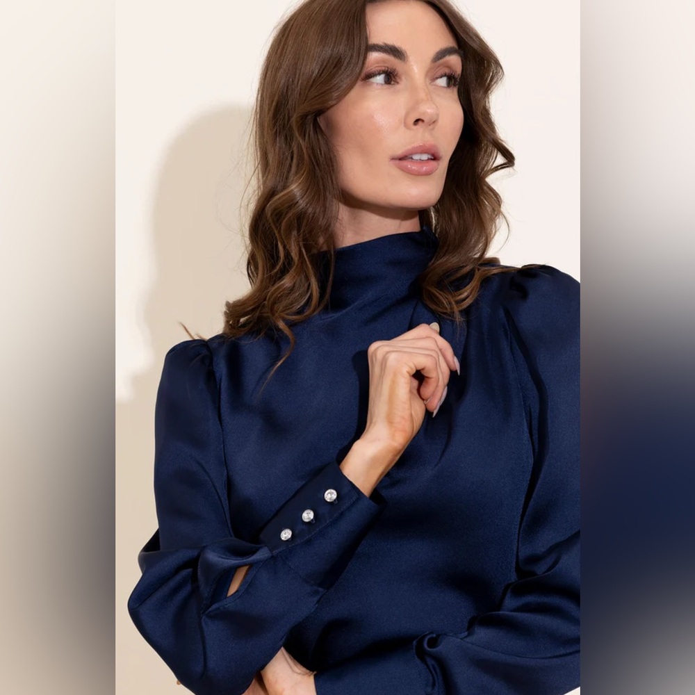 Navy Satin High-Neck Long-Sleeve Blouse - Picture 9 of 11
